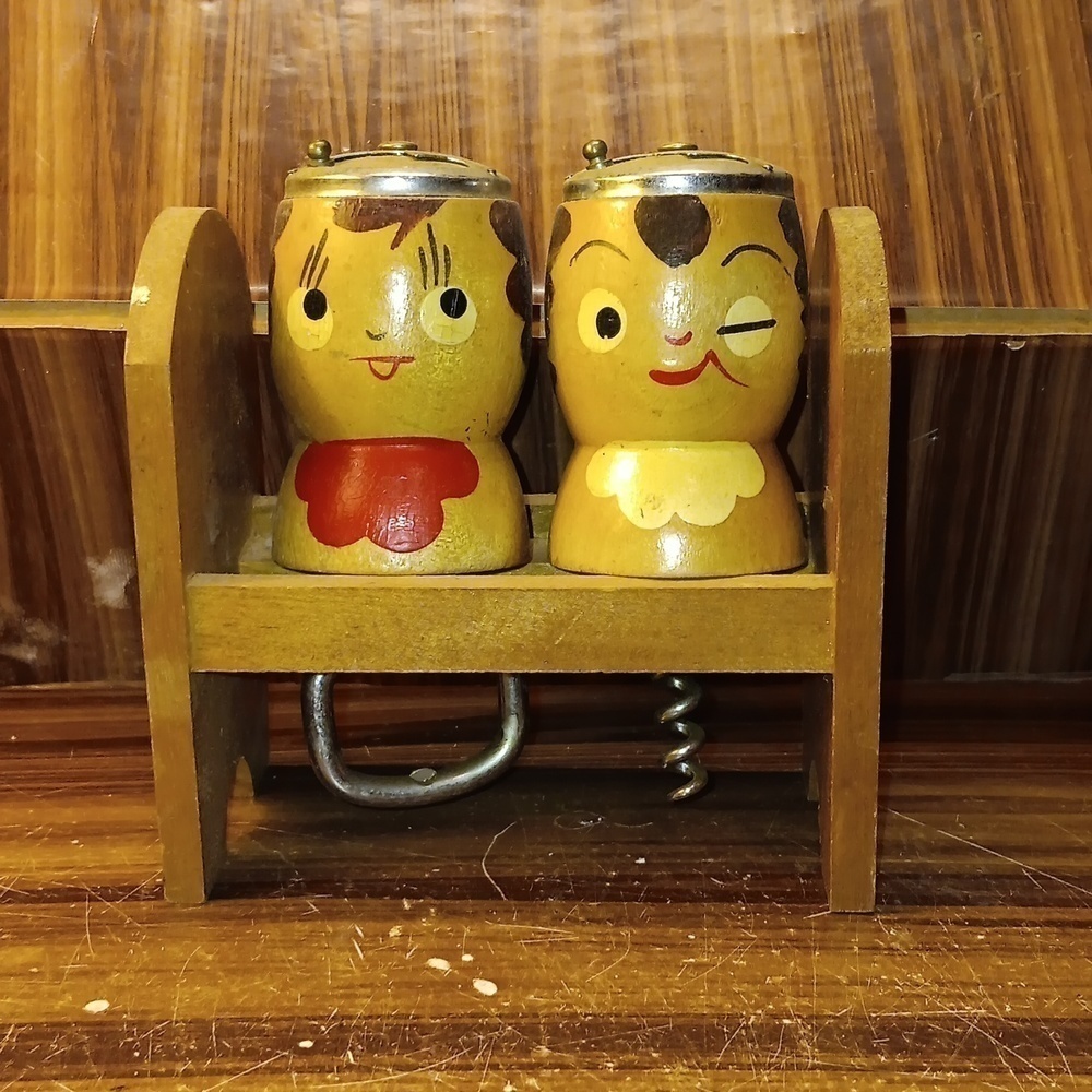 Vintage mcm Japan wooden salt pepper beer bottle opener wine corkscrew barware
